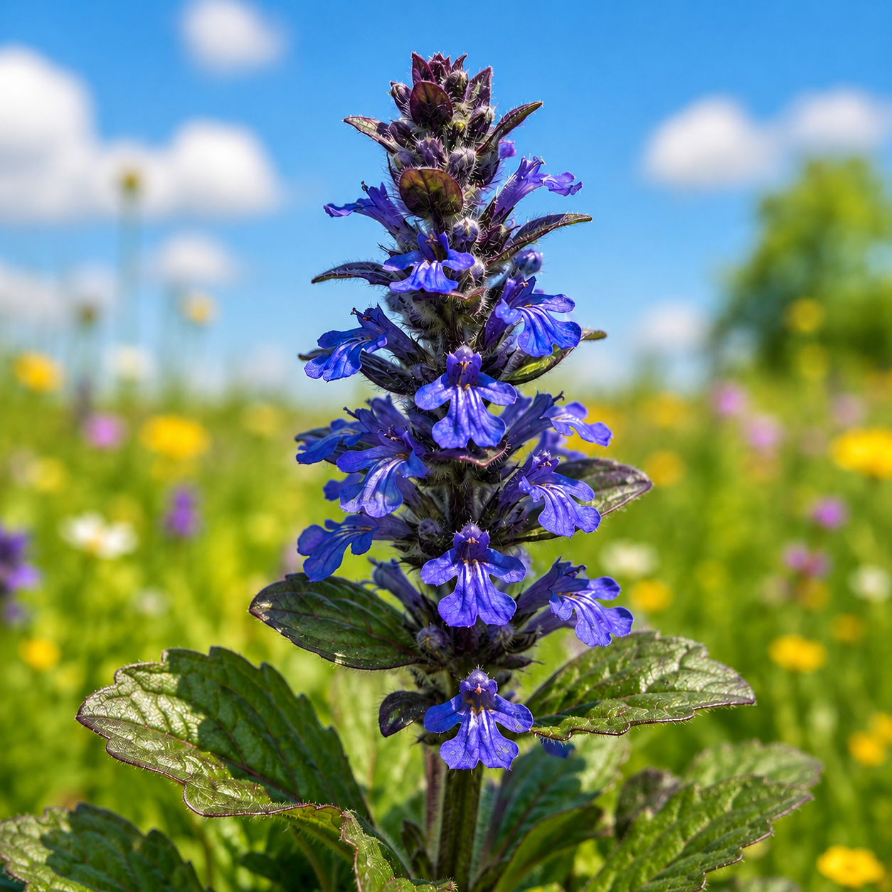 Günsel mit tiefblauen Blütentürmchen auf einer bunten Blumenwiese unter blauem Himmel