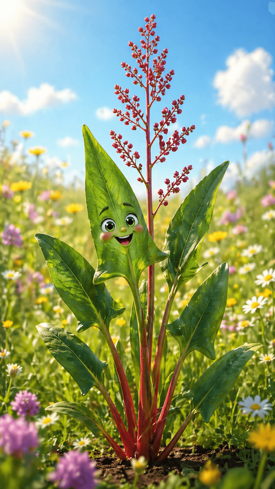 Sauerampfer-Pflanze mit Kulleraugen und lächelndem Gesicht in einer sonnigen Wiese voller Wildblumen