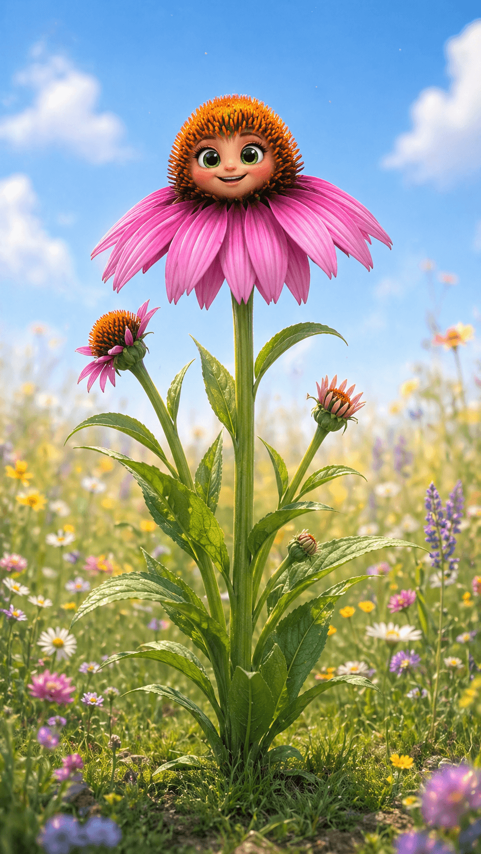 Sonnenhut mit pinker Blüte und Kindergesicht in einer sonnigen Sommerwiese