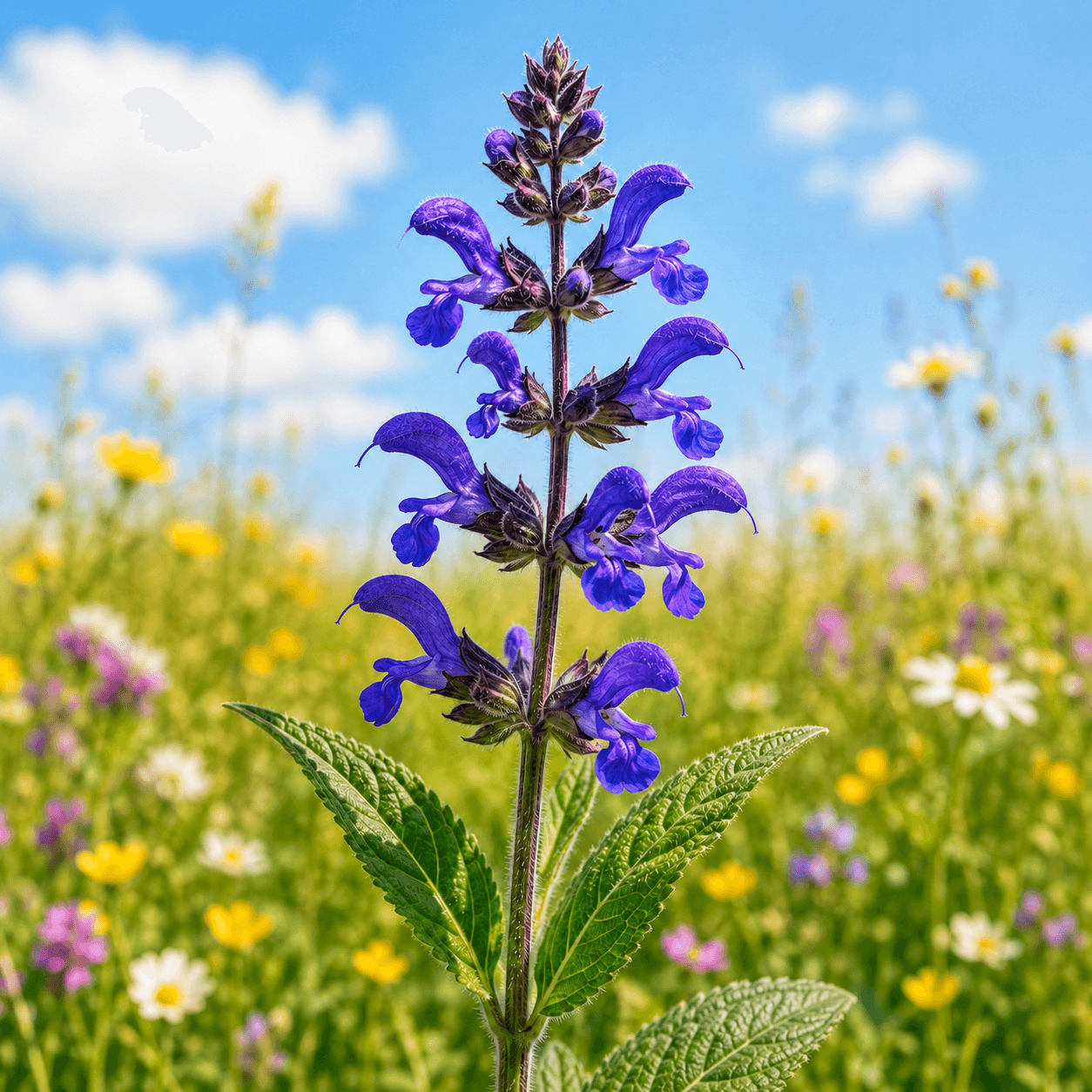 Wiesensalbei mit blau-violetten Blütentürmen auf einer sonnigen Trockenwiese