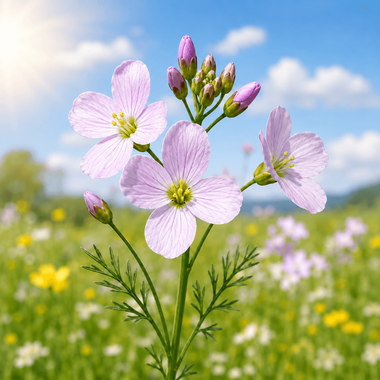 Wiesenschaumkraut mit zarten lila-rosa Blüten auf einer feuchten Frühlingswiese