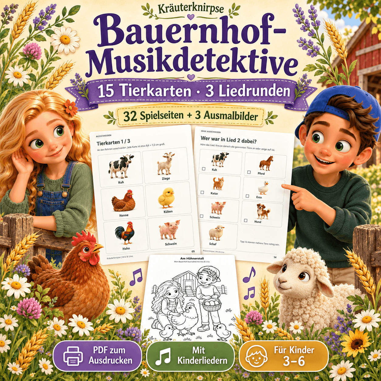 Bauernhof-Musikdetektive — 15 Tierkarten, 3 Liedrunden, 32 Spielseiten + 3 Ausmalbilder