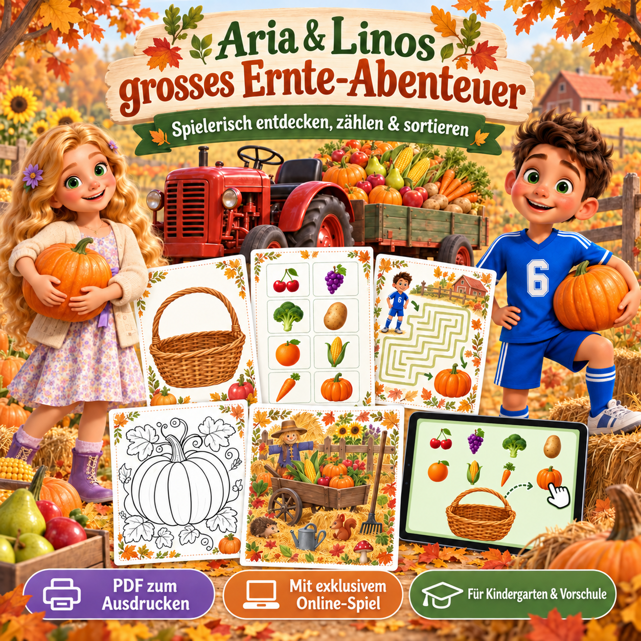 Aria & Linos grosses Ernte-Abenteuer — spielerisch entdecken, zählen und sortieren