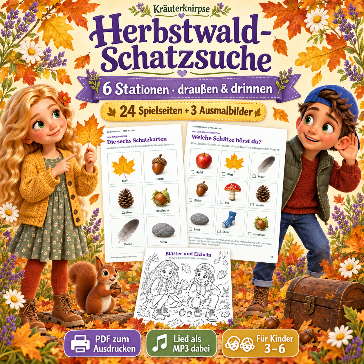 Aria & Linos Herbstwald-Schatzsuche — 6 Stationen, 24 Spielseiten + 3 Ausmalbilder, Lied als MP3