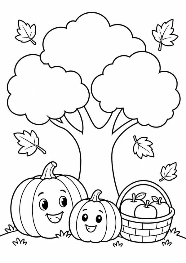 Ein Herbstbaum mit fallenden Blättern, zwei Kürbissen und einem Apfelkorb.