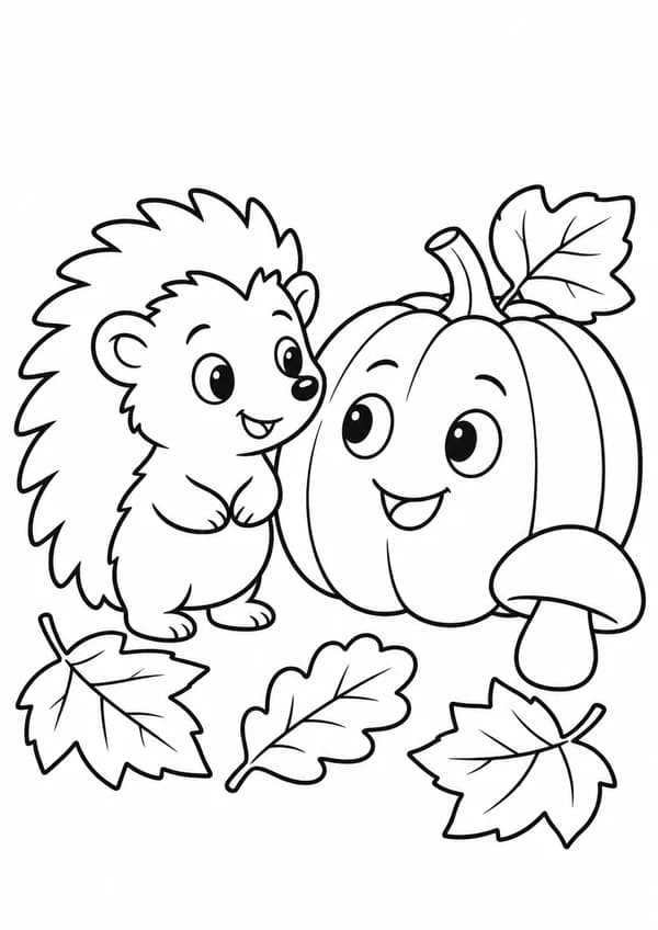 Ein kleiner Igel steht neben einem freundlichen Kürbis und Herbstblättern.