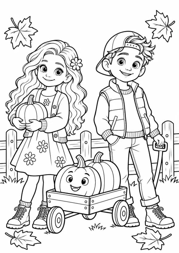 Aria und Lino stehen mit einem Kürbis und einem kleinen Kürbiswagen am Gartenzaun.
