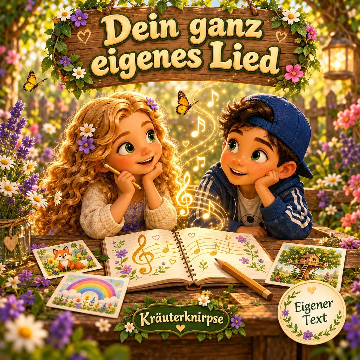 Aria und Lino sammeln an einem Gartentisch Ideen für einen eigenen Liedtext. Vor ihnen liegen ein Liederbuch und Bilder von Fuchs, Regenbogen und Baumhaus.