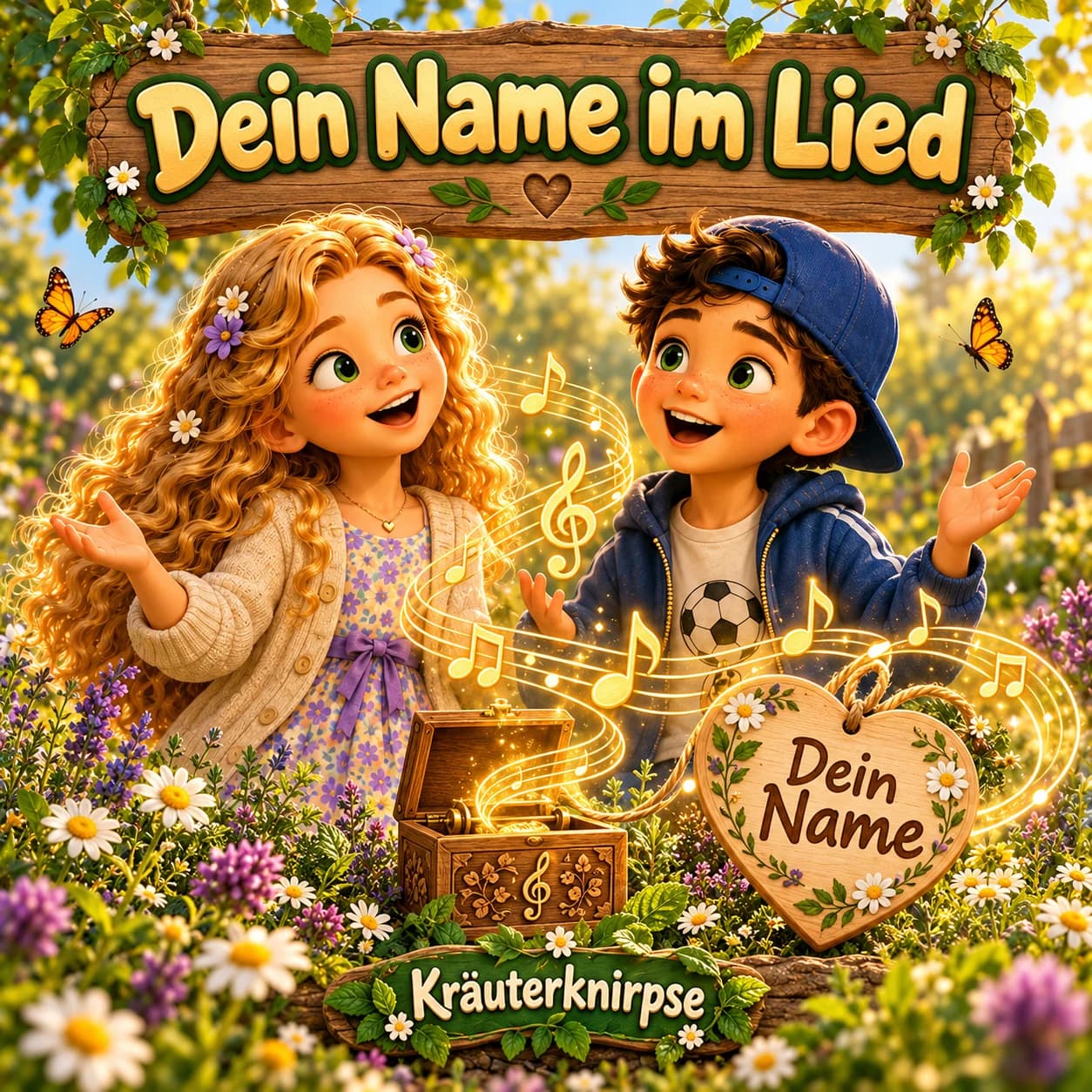 Aria und Lino singen auf einer Blumenwiese. Aus einer Spieluhr schweben Noten zu einem Herz mit der Aufschrift Dein Name.