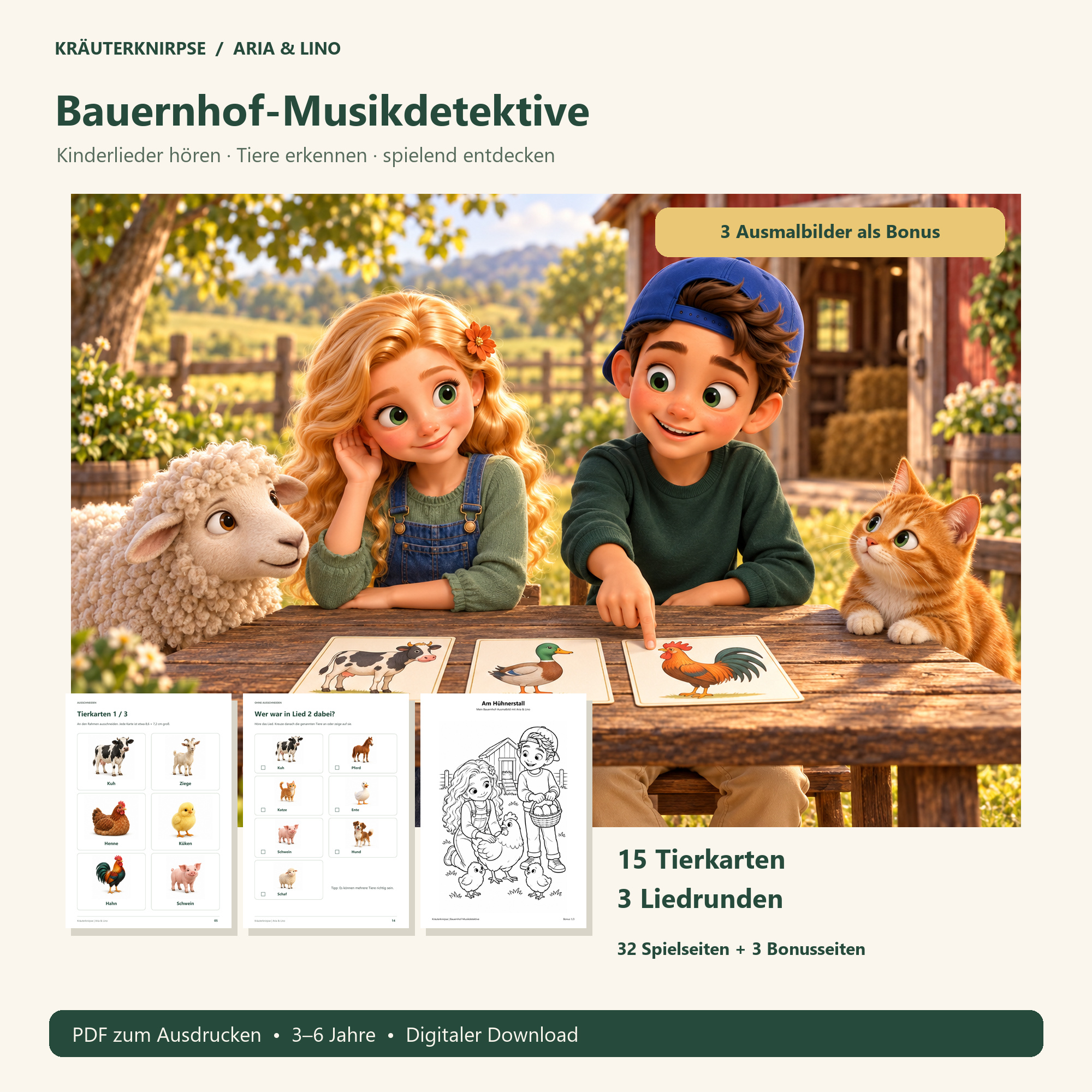 Bauernhof-Musikdetektive — Lernspiel mit Kinderliedern: Aria & Lino mit Tierkarten am Hoftisch