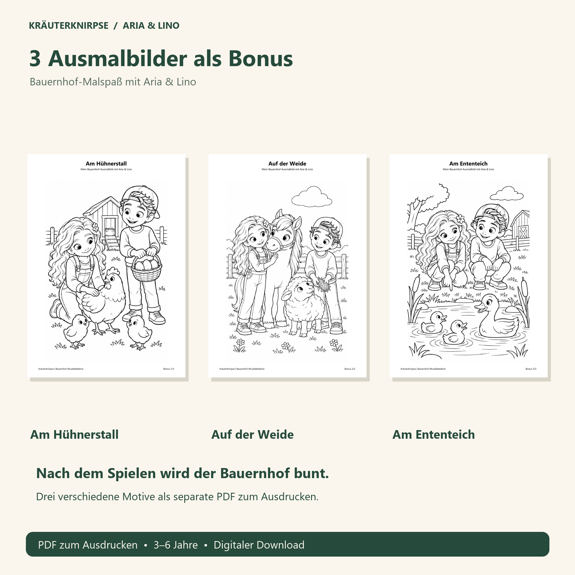 3 Ausmalbilder als Bonus — am Hühnerstall, auf der Weide und am Ententeich