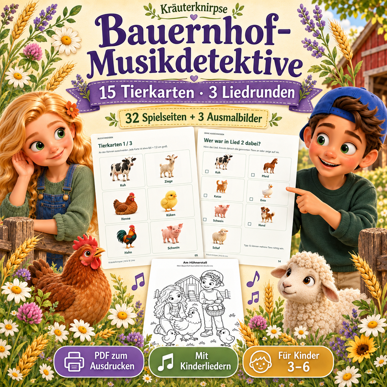 Bauernhof-Musikdetektive — 15 Tierkarten, 3 Liedrunden, 32 Spielseiten + 3 Ausmalbilder