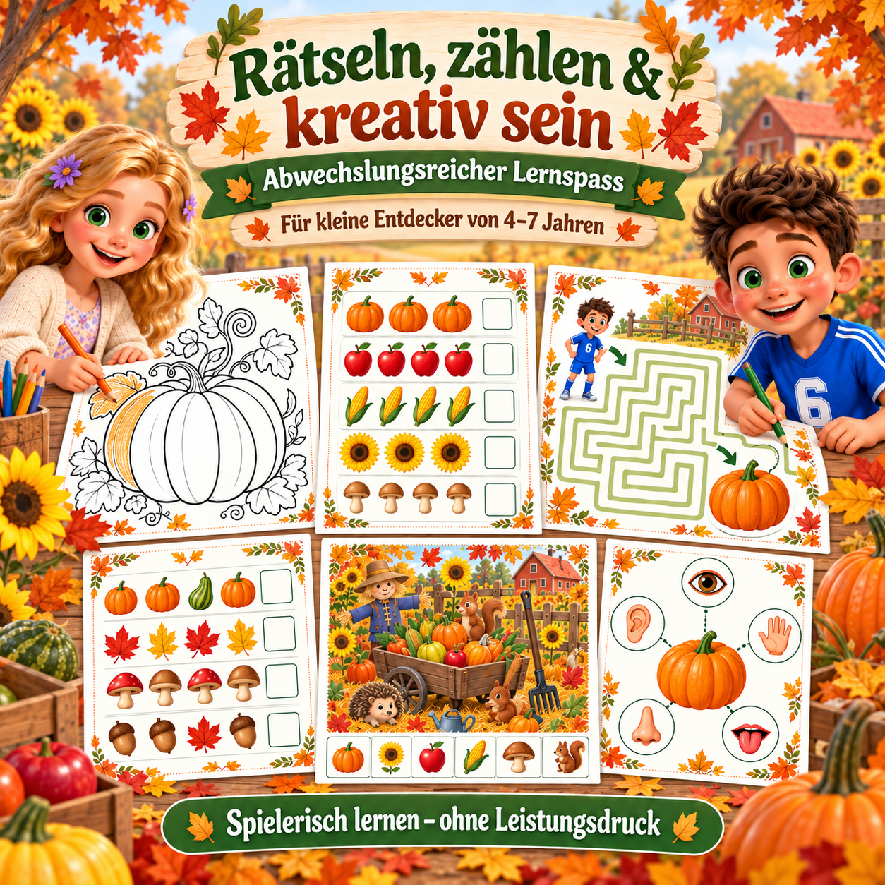 Rätseln, zählen und kreativ sein — Kürbis-Labyrinth, Zählen, Suchbild