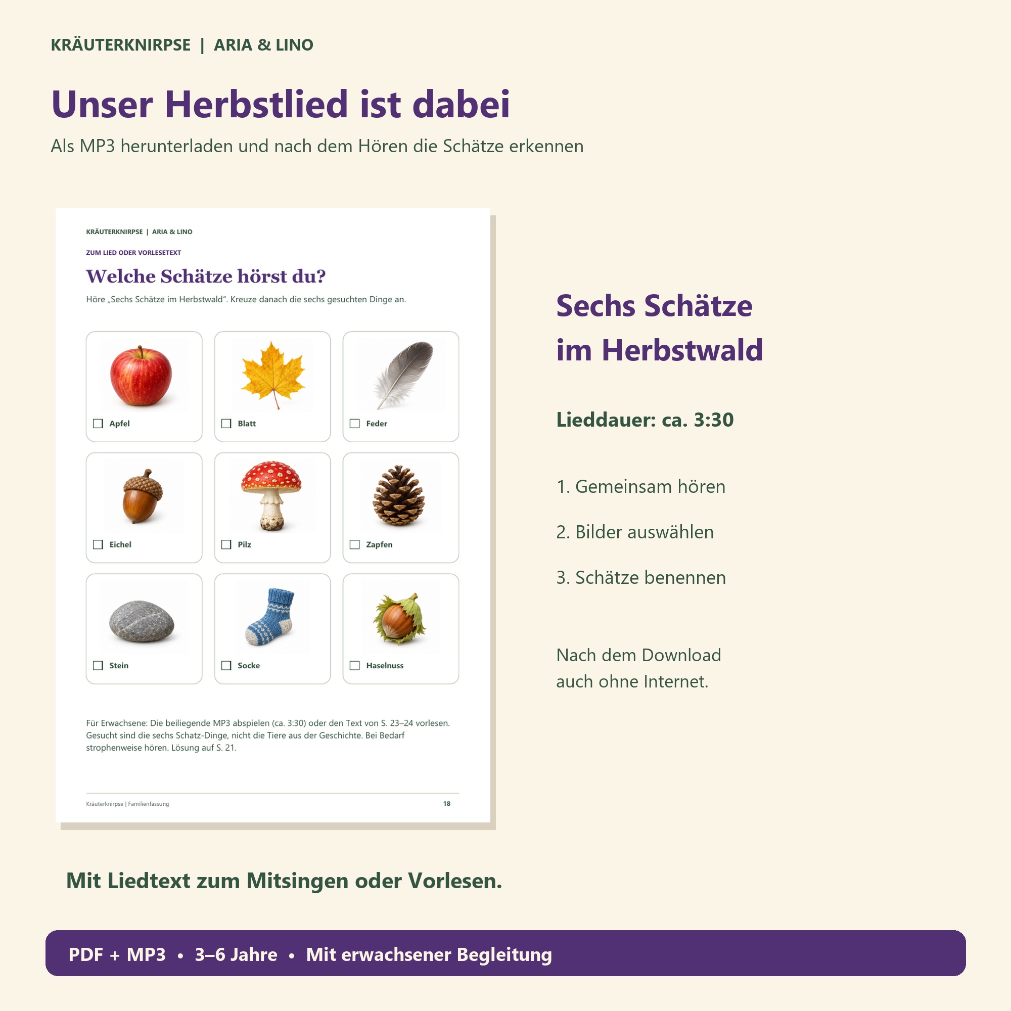 Lied «Sechs Schätze im Herbstwald» als MP3 und bildgestützte Hör-Aufgabe