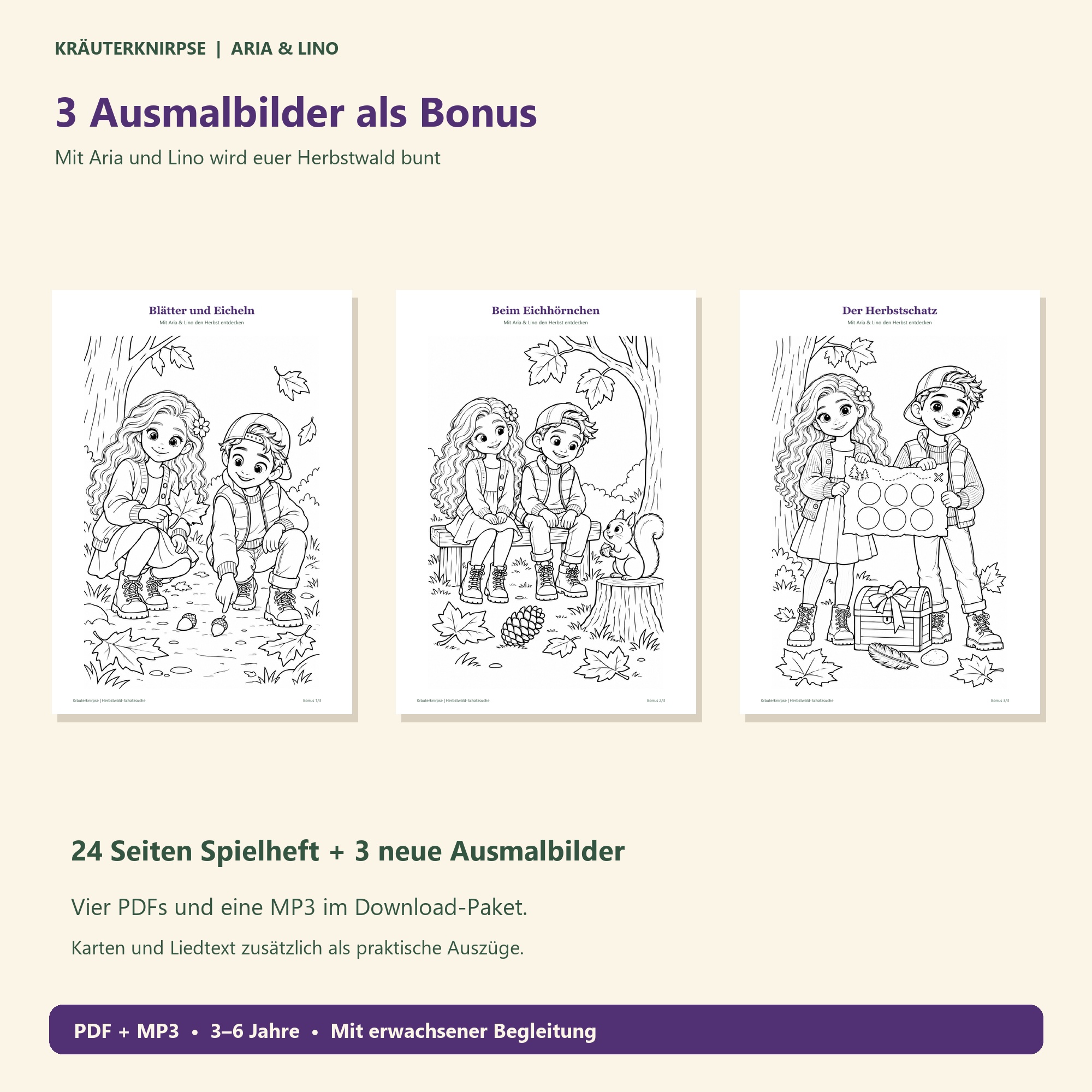 Drei Bonus-Ausmalbilder mit Aria & Lino