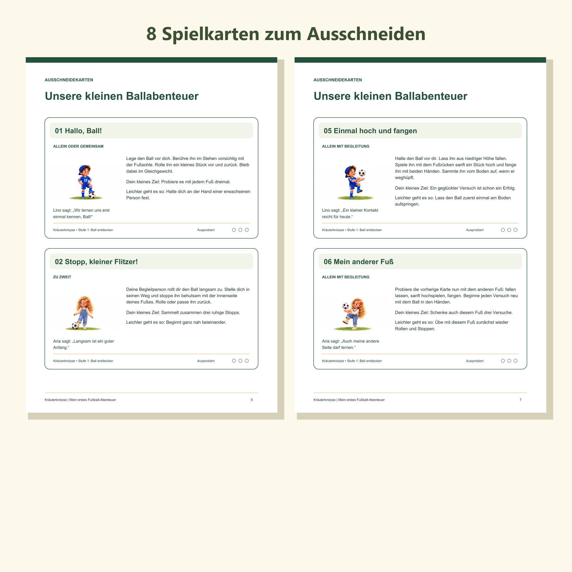 Acht illustrierte Spielkarten zum Ausschneiden — mit kleinem Ziel und leichterer Variante