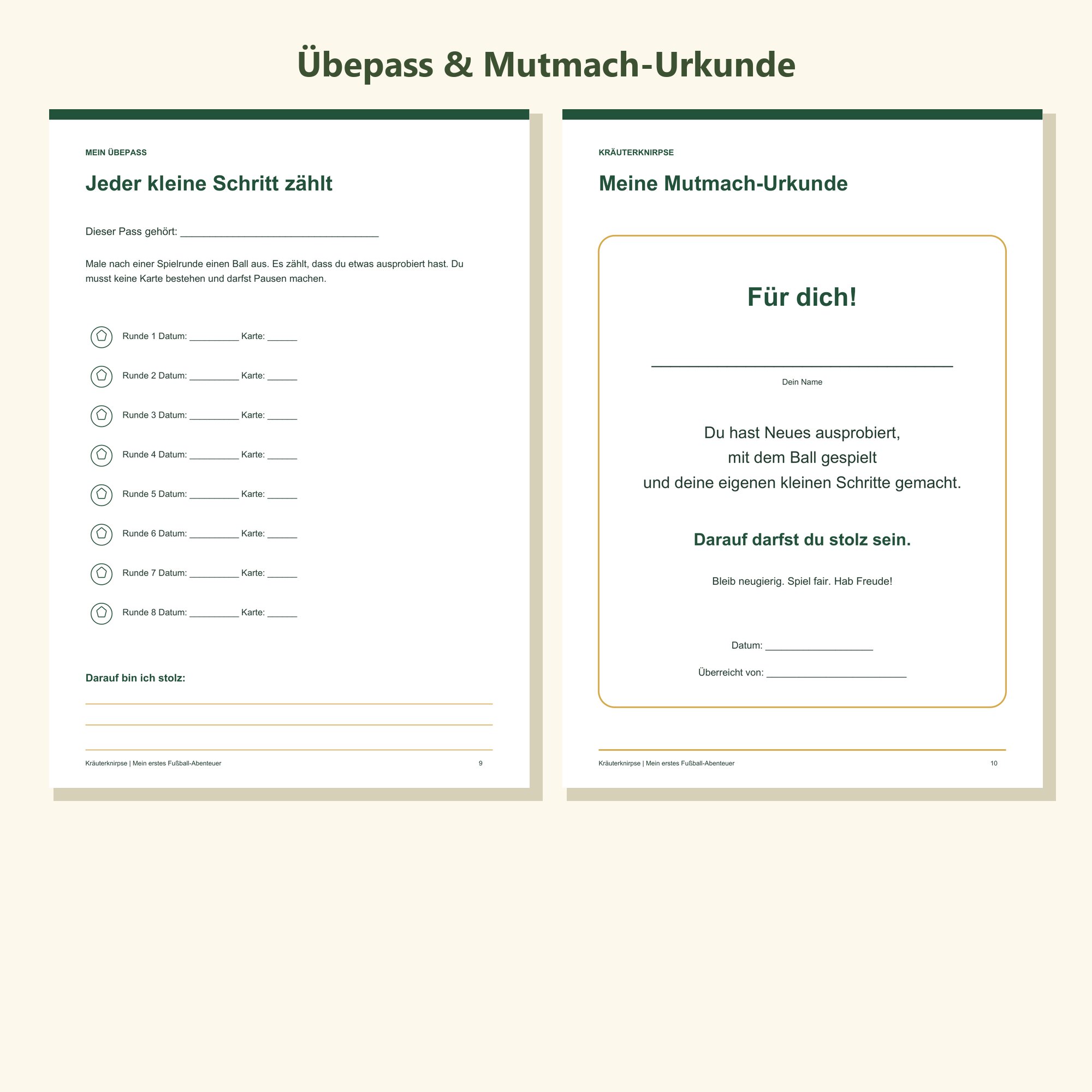 Übepass zum Ausmalen nach jeder Spielrunde und Mutmach-Urkunde