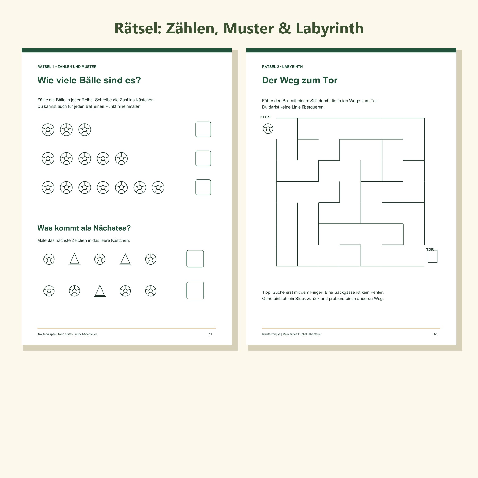 Rätselseiten: Bälle zählen, Muster fortsetzen und Labyrinth zum Tor