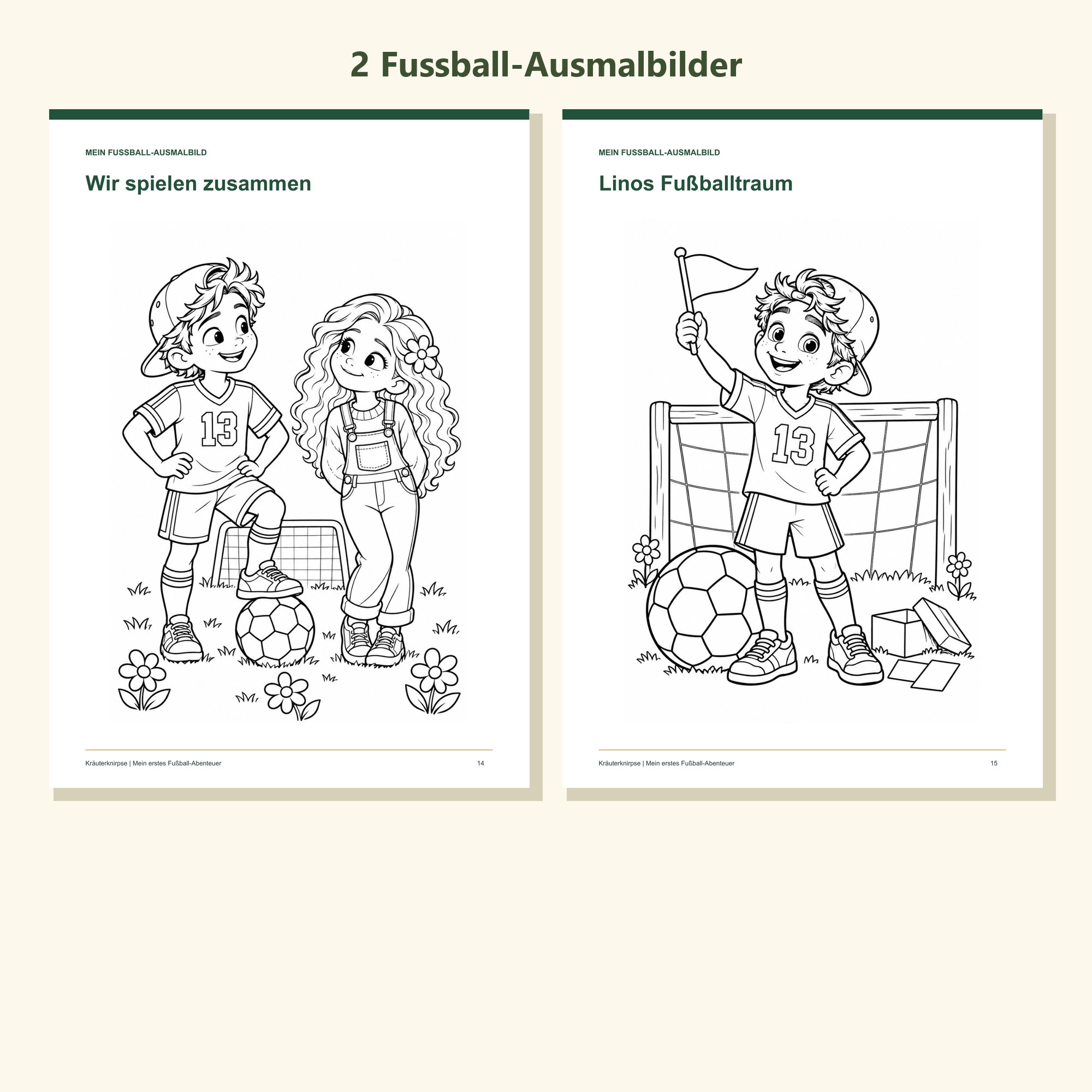 Zwei Fussball-Ausmalbilder mit Lino und Aria