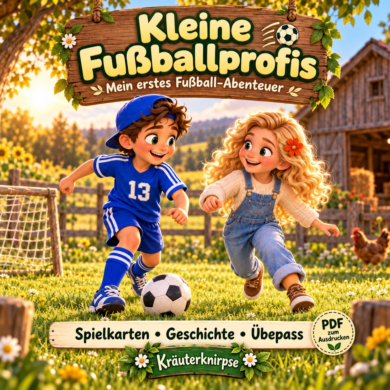 Kleine Fussballprofis — Lino und Aria spielen Fussball auf Bauer Pauls Hof. Spielkarten, Geschichte, Übepass als PDF zum Ausdrucken