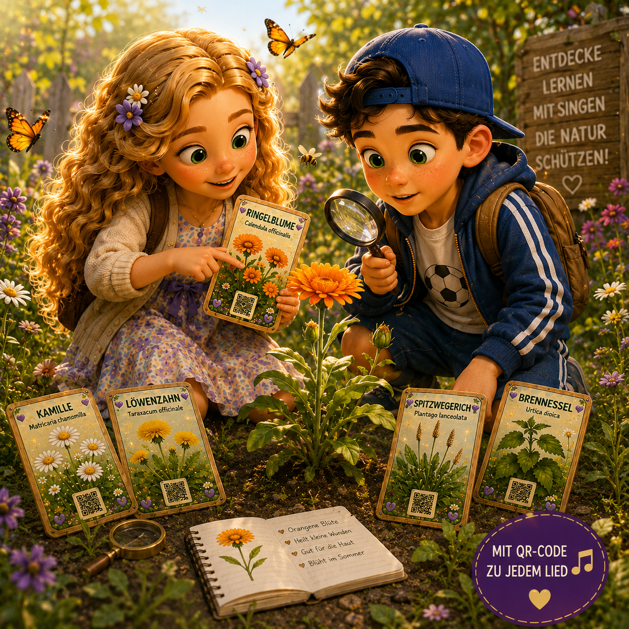 Aria & Lino entdecken die Ringelblume mit der Lupe