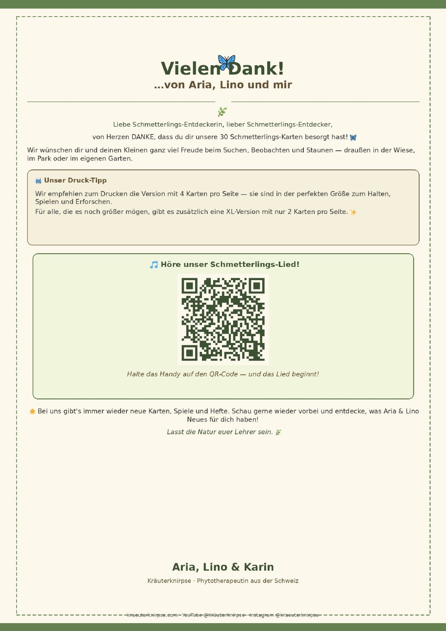 Persönlicher Dankesbrief mit QR-Code zum Schmetterlings-Lied