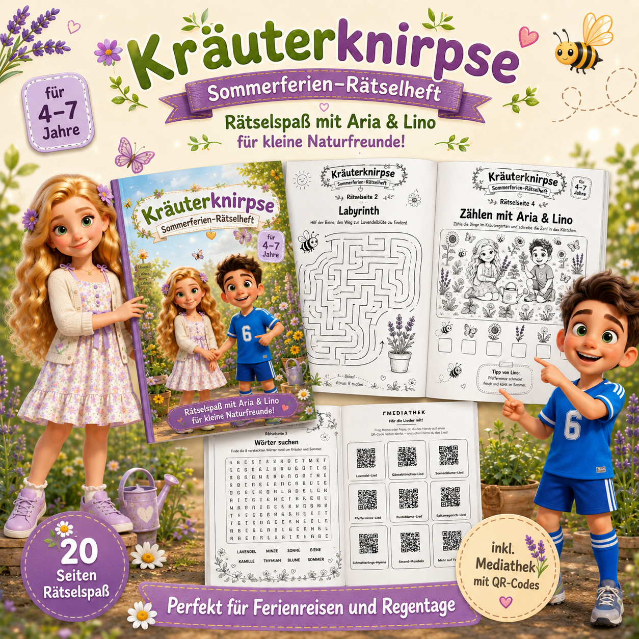 Sommerferien-Rätselheft Cover mit Aria & Lino