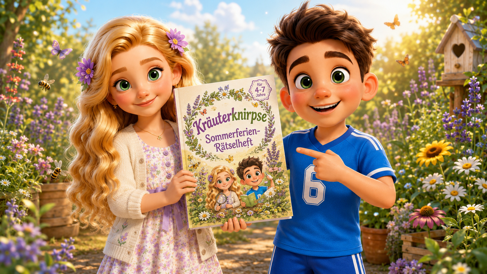 Aria & Lino zeigen das Sommer-Rätselheft im Garten