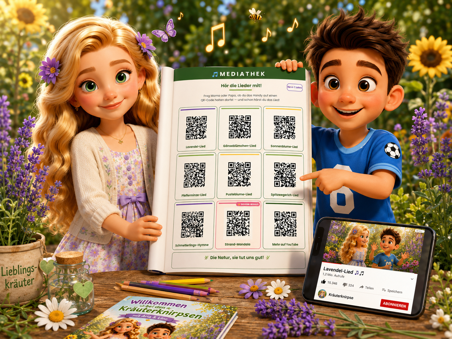 Mediathek-Seite mit QR-Codes — Lieder direkt aufs Handy